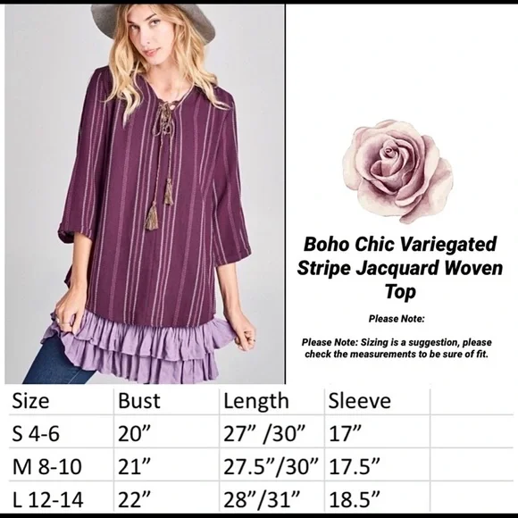 BOHO shirt woven knit TOP variegated stripe jacquard top S TRENDING deep Purple - Picture 15 of 16